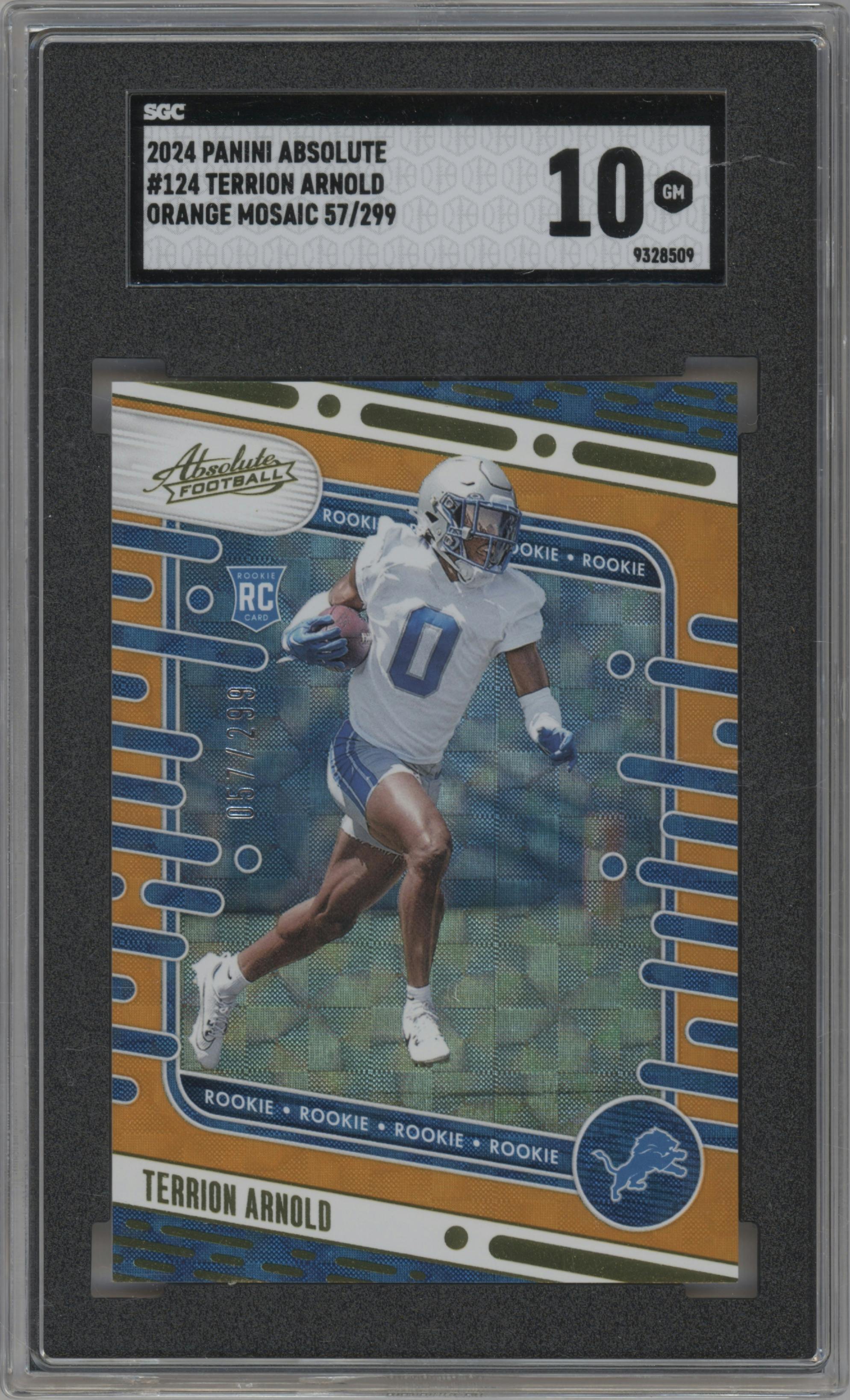 Terrion Arnold from the 2024 Panini Absolute set featuring a Orange Mosaic parallel graded by SGC and given an overall grade of 10.