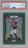 C.J. Stroud from the 2023 Panini Prizm set featuring a Green Prizm parallel graded by PSA and given an overall grade of 10.