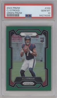 C.J. Stroud from the 2023 Panini Prizm set featuring a Green Prizm parallel graded by PSA and given an overall grade of 10.