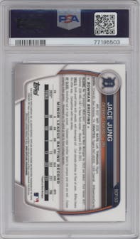 Jace Jung from the 2023 Bowman  set featuring a Fuchsia Crater Refractor parallel graded by PSA and given an overall grade of 10.