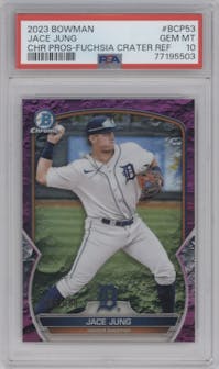 Jace Jung from the 2023 Bowman  set featuring a Fuchsia Crater Refractor parallel graded by PSA and given an overall grade of 10.