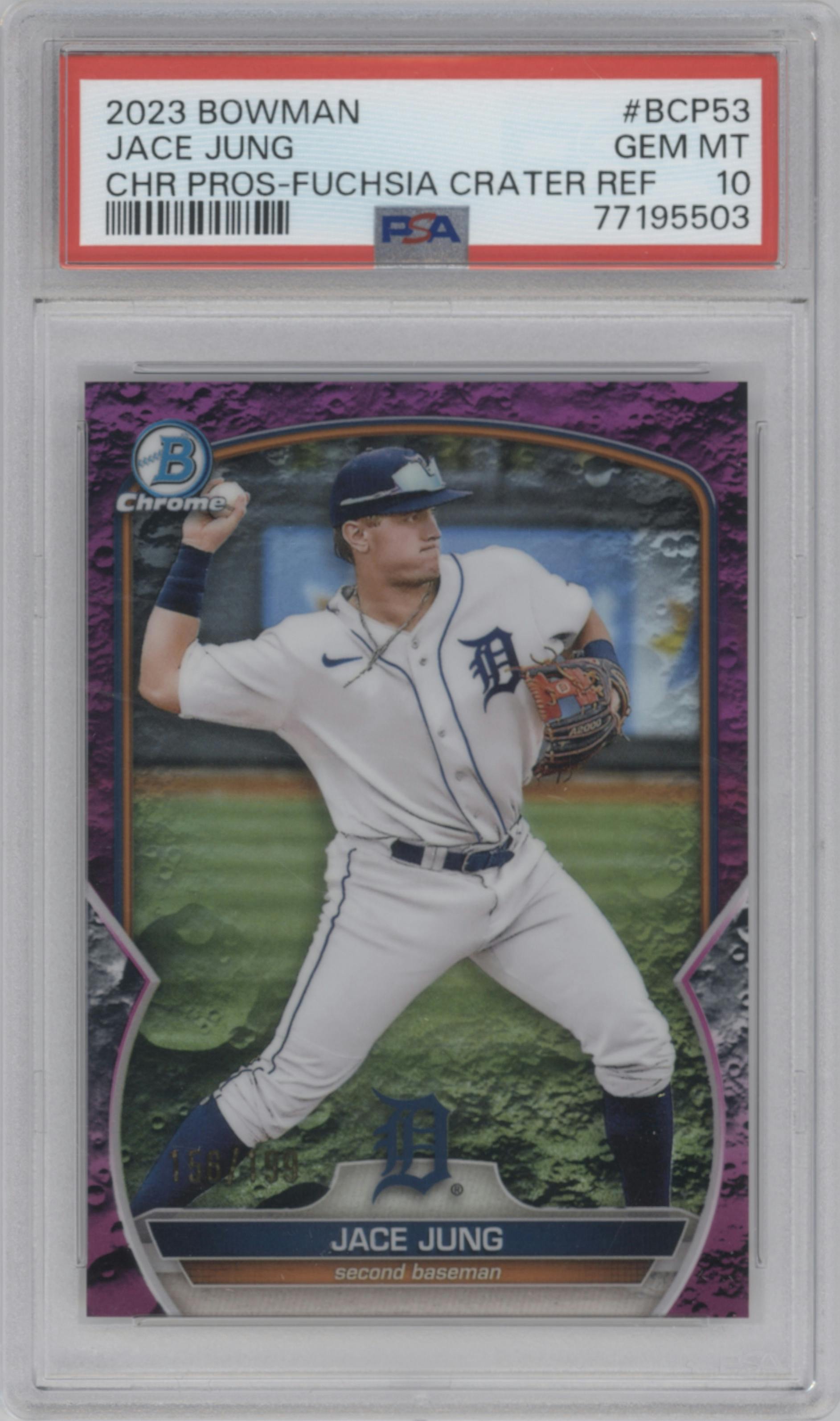Jace Jung from the 2023 Bowman  set featuring a Fuchsia Crater Refractor parallel graded by PSA and given an overall grade of 10.