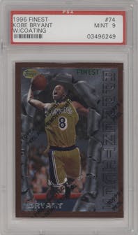 Kobe Bryant from the 1996-97 Topps Finest set featuring a W/ Coating parallel graded by PSA and given an overall grade of 9.
