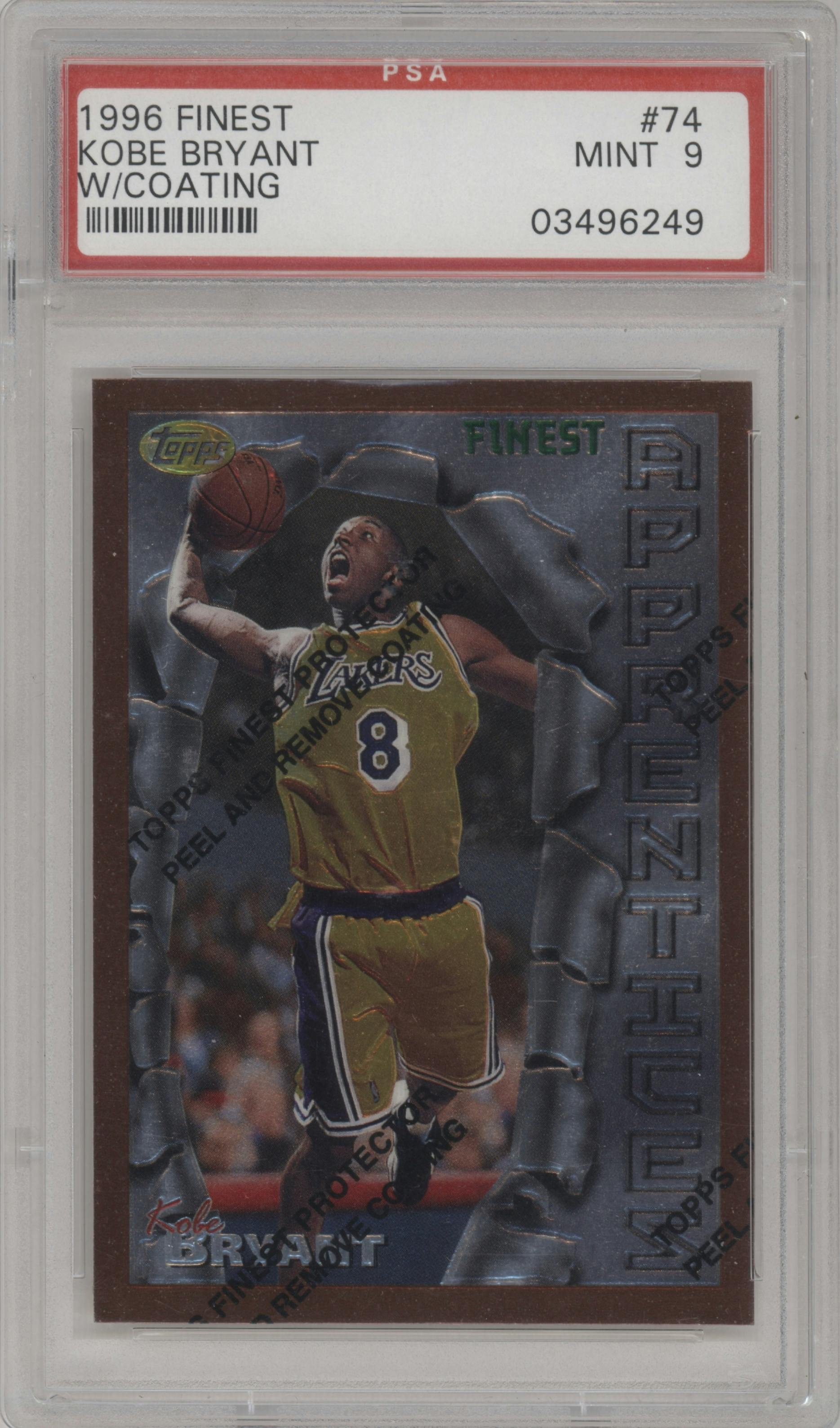 Kobe Bryant from the 1996-97 Topps Finest set featuring a W/ Coating parallel graded by PSA and given an overall grade of 9.