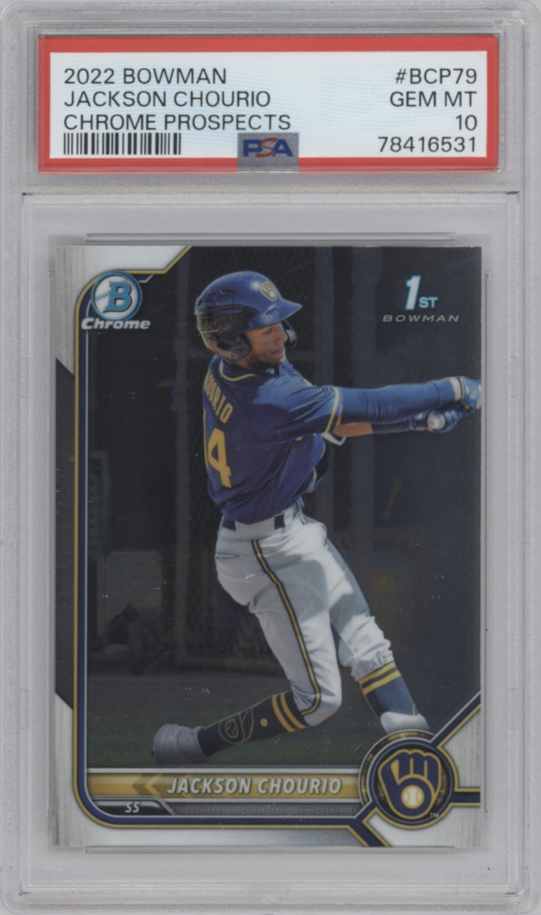 Jackson Chourio from the 2022 Bowman set graded by PSA and given an overall grade of 10.
