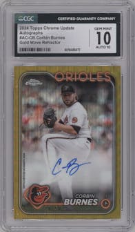 Corbin Burnes from the 2024 Topps Chrome Update set featuring a Gold Wave Refractor parallel graded by CSG and given an overall grade of 10.