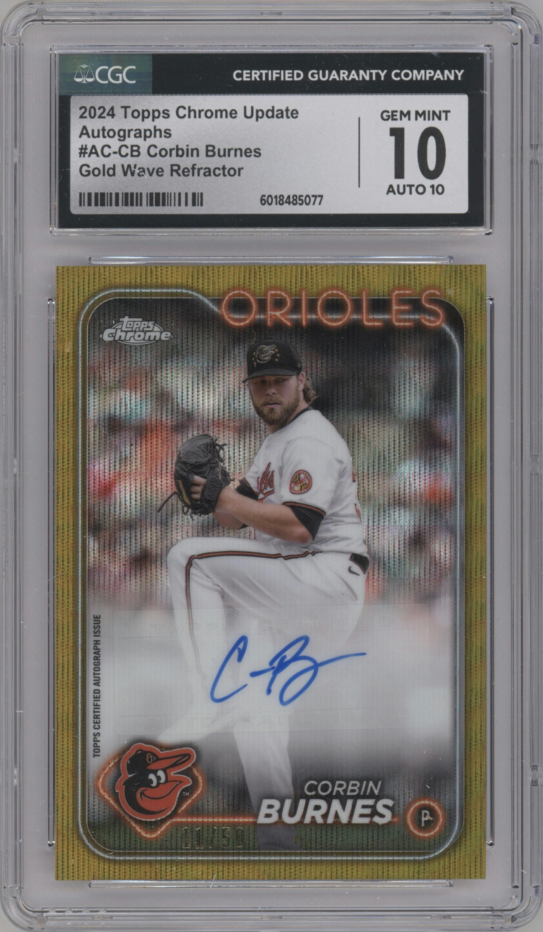 Corbin Burnes from the 2024 Topps Chrome Update set featuring a Gold Wave Refractor parallel graded by CSG and given an overall grade of 10.