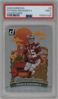 Patrick Mahomes II from the 2025 Panini Donruss set graded by PSA and given an overall grade of 9.