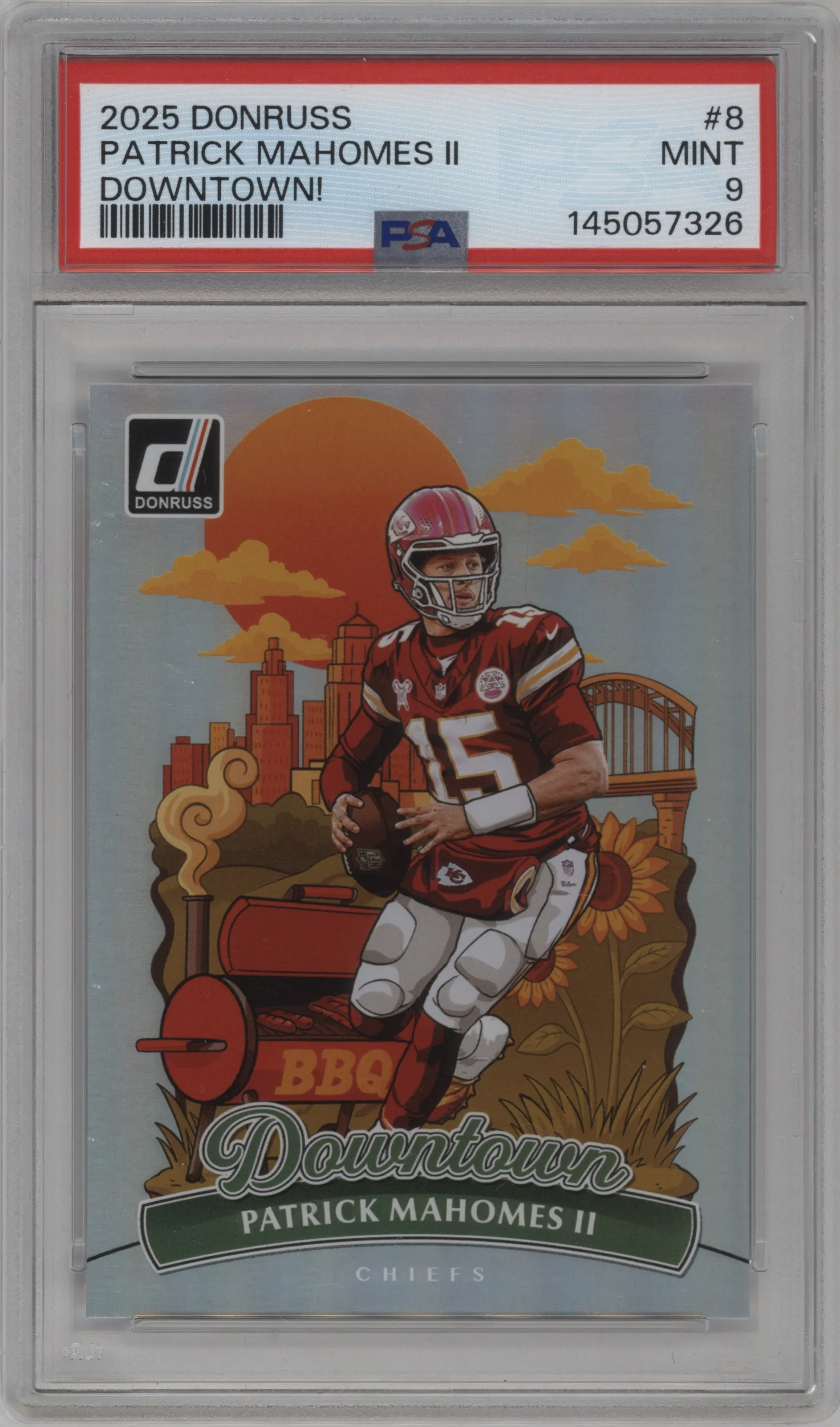 Patrick Mahomes II from the 2025 Panini Donruss set graded by PSA and given an overall grade of 9.