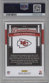 Patrick Mahomes II from the 2025 Panini Donruss set graded by PSA and given an overall grade of 9.