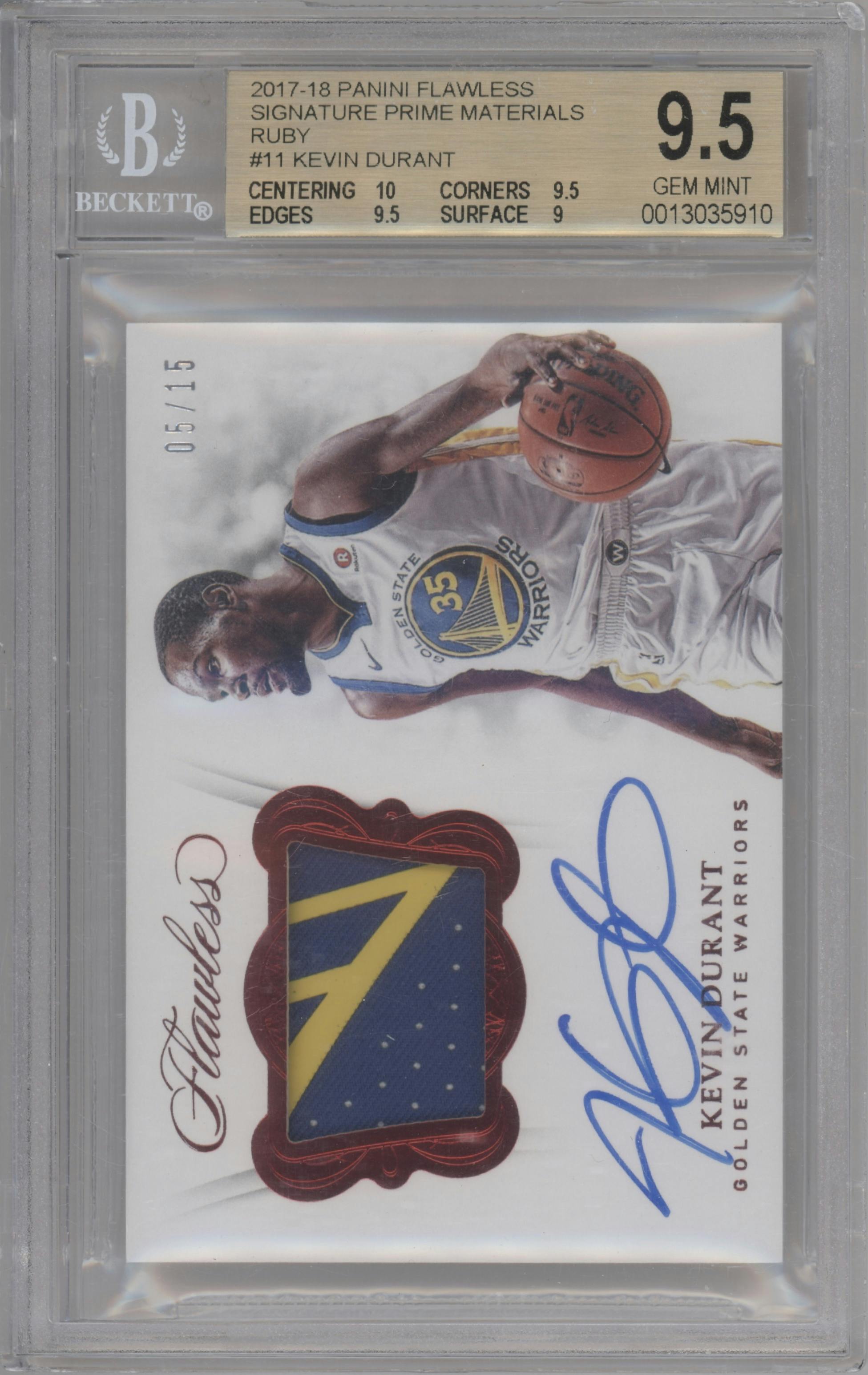Kevin Durant from the 2017-18 Panini Flawless set featuring a Ruby parallel graded by Beckett and given an overall grade of 9.5.