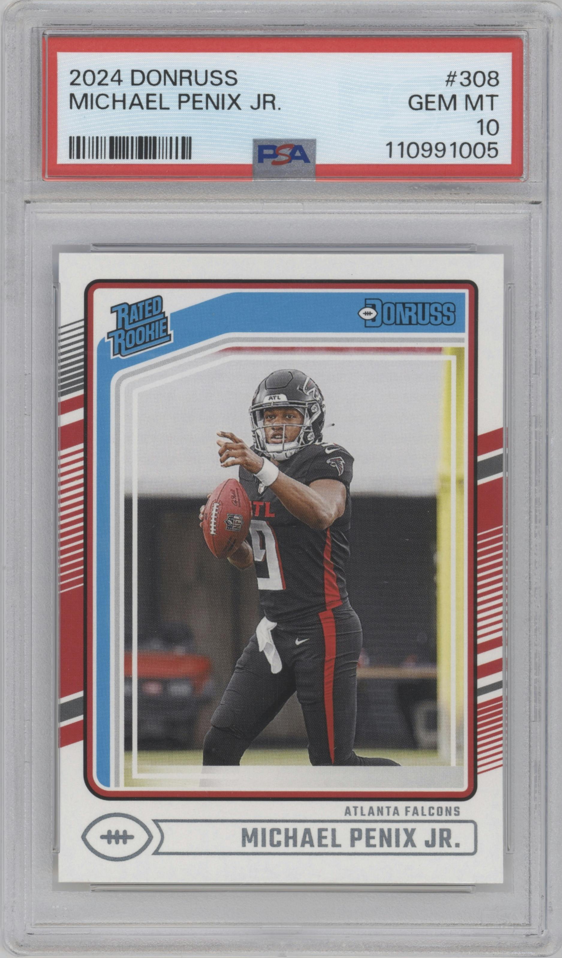 Michael Penix Jr. from the 2024 Donruss set graded by PSA and given an overall grade of 10.