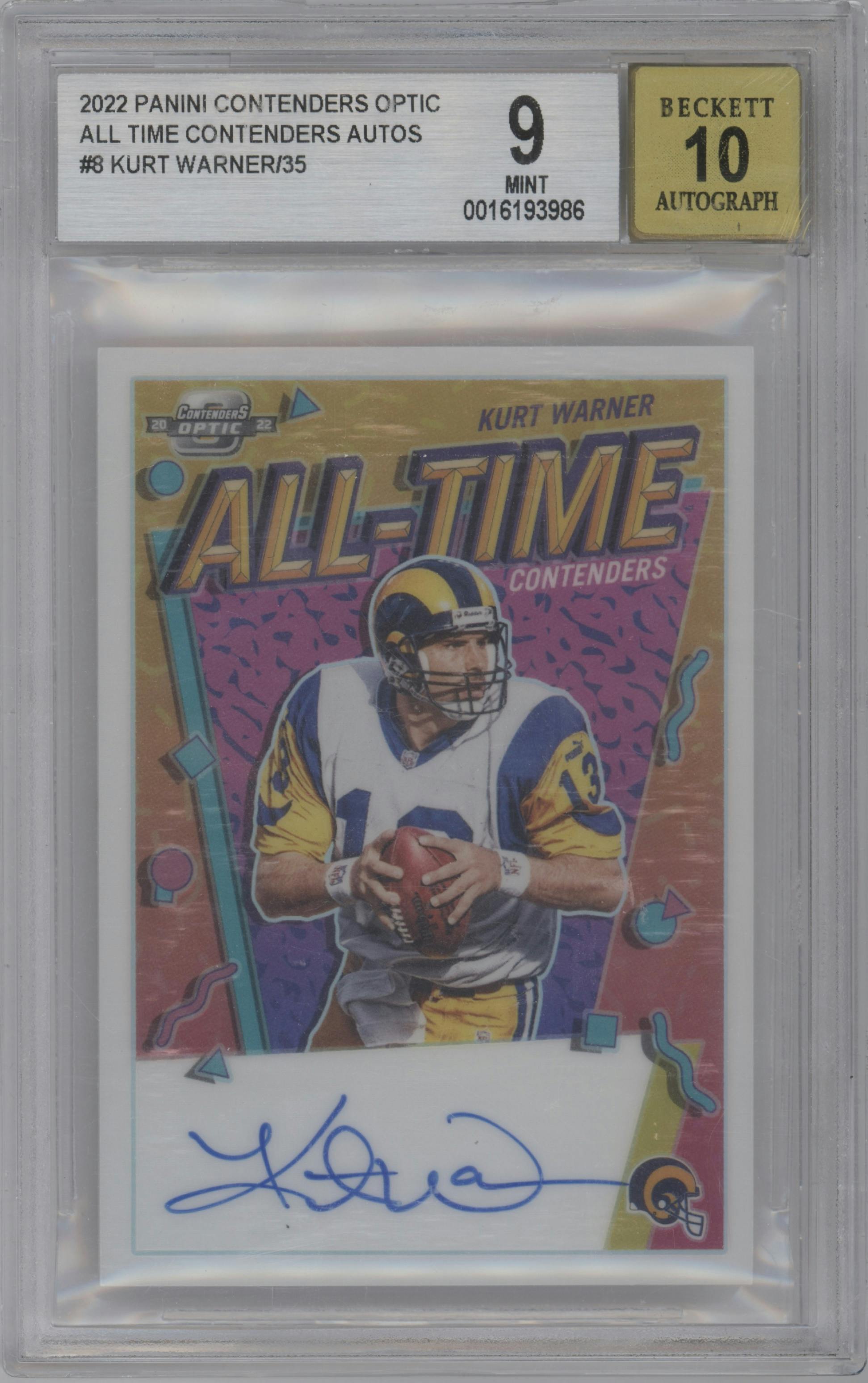 Kurt Warner from the 2022 Panini Contenders Optic set graded by Beckett and given an overall grade of 9.