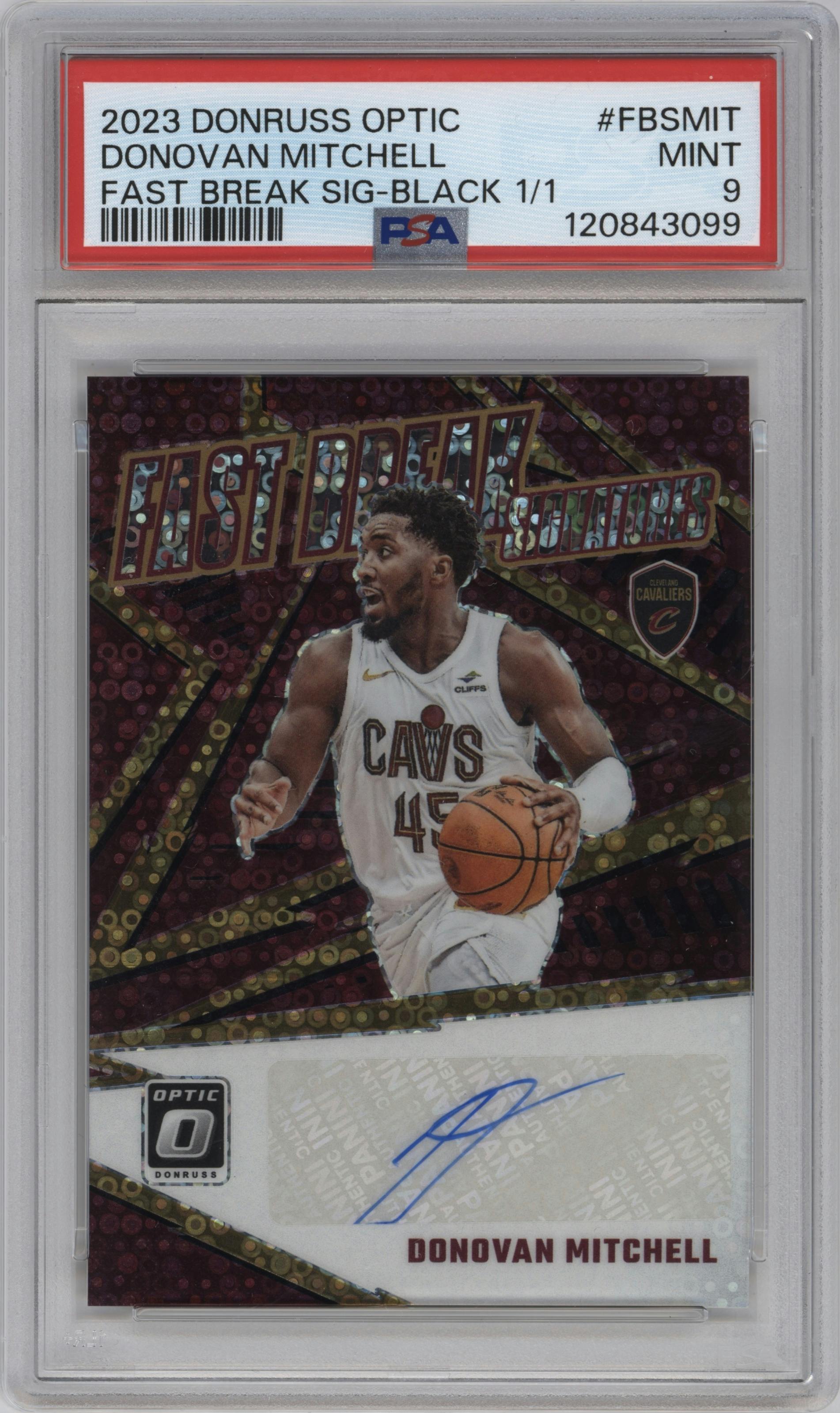 Donovan Mitchell from the 2023-24 Donruss Optic set featuring a Black parallel graded by PSA and given an overall grade of 9.