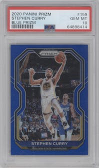 Stephen Curry from the 2020-21 Panini Prizm set featuring a Blue Prizm parallel graded by PSA and given an overall grade of 10.