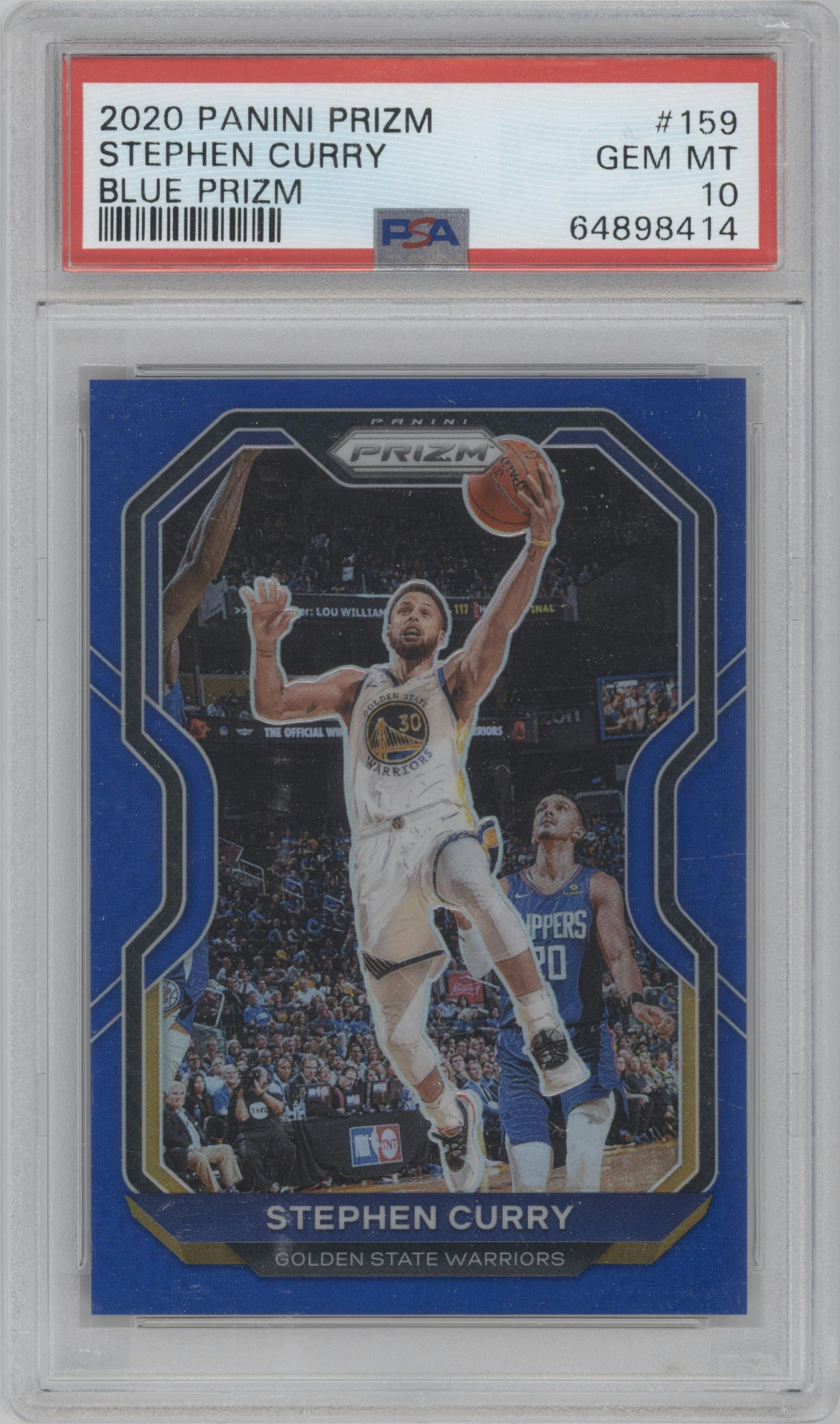 Stephen Curry from the 2020-21 Panini Prizm set featuring a Blue Prizm parallel graded by PSA and given an overall grade of 10.