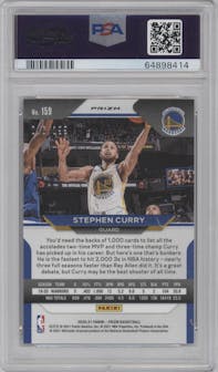Stephen Curry from the 2020-21 Panini Prizm set featuring a Blue Prizm parallel graded by PSA and given an overall grade of 10.
