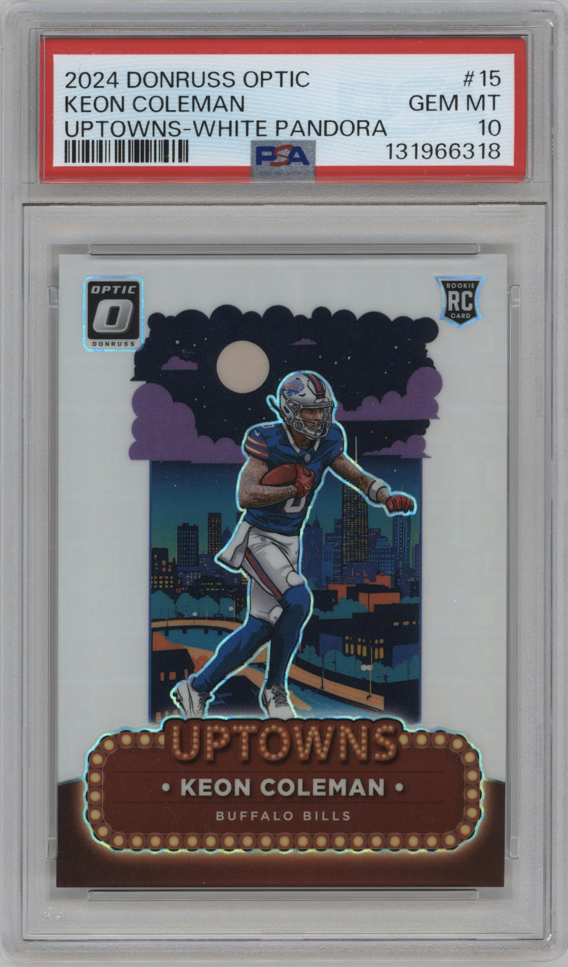 Keon Coleman from the 2024 Donruss Optic set featuring a White Pandora parallel graded by PSA and given an overall grade of 10.