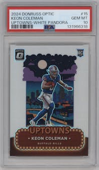 Keon Coleman from the 2024 Donruss Optic set featuring a White Pandora parallel graded by PSA and given an overall grade of 10.