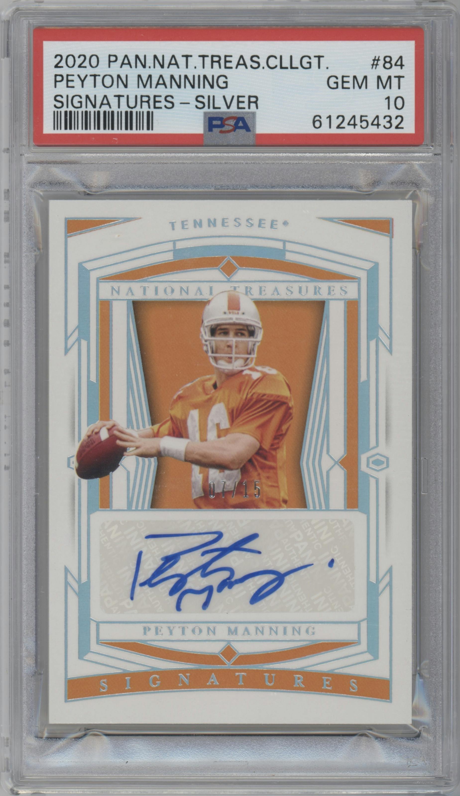 Peyton Manning from the 2020 Panini National Treasures Collegiate set featuring a Silver parallel graded by PSA and given an overall grade of 10.