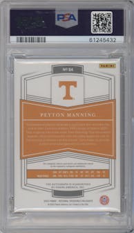 Peyton Manning from the 2020 Panini National Treasures Collegiate set featuring a Silver parallel graded by PSA and given an overall grade of 10.