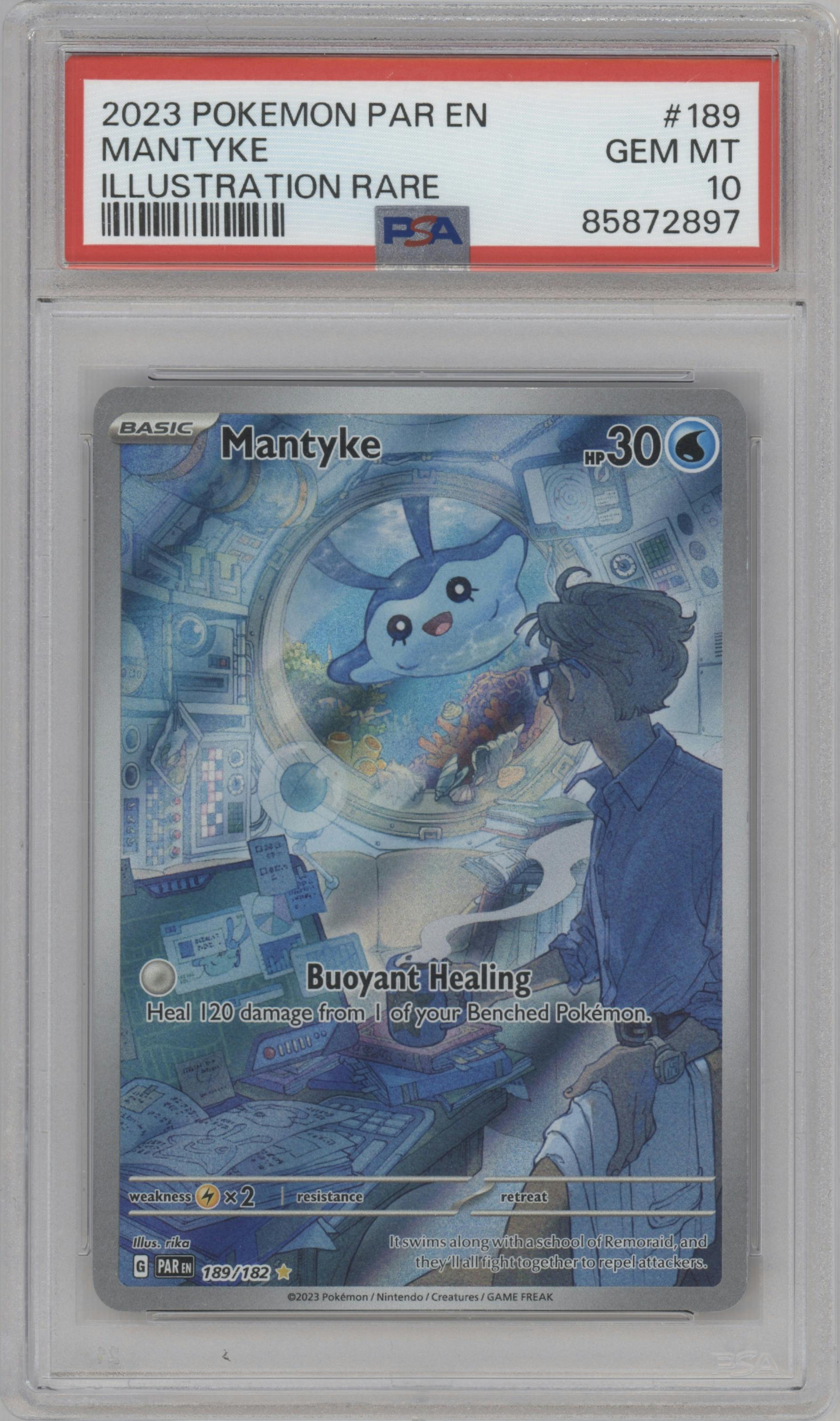 Mantyke from the 2023 Pokemon SV set graded by PSA and given an overall grade of 10.