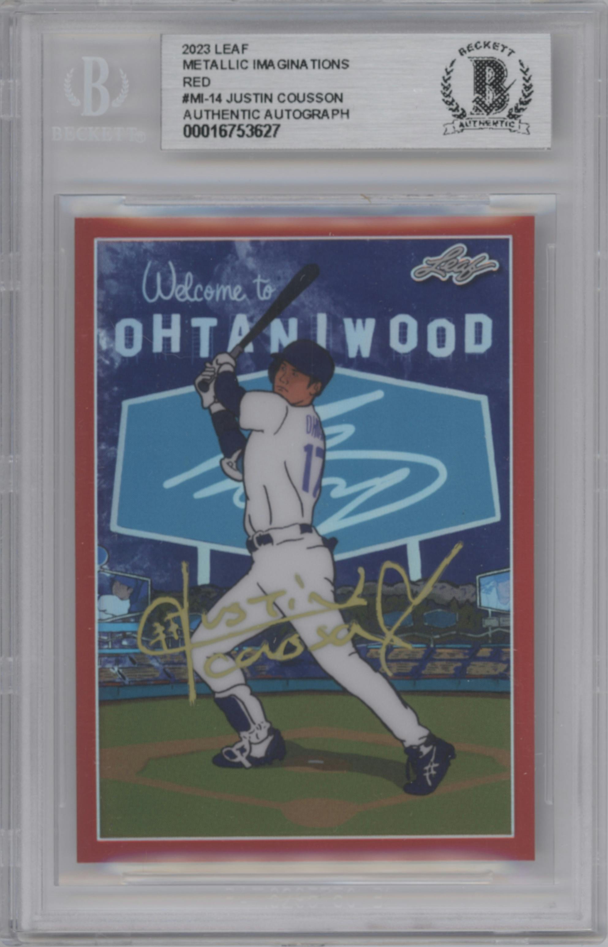 Shohei Ohtani from the 2023 Leaf Metallic Imaginations set featuring a Red parallel graded by Beckett.