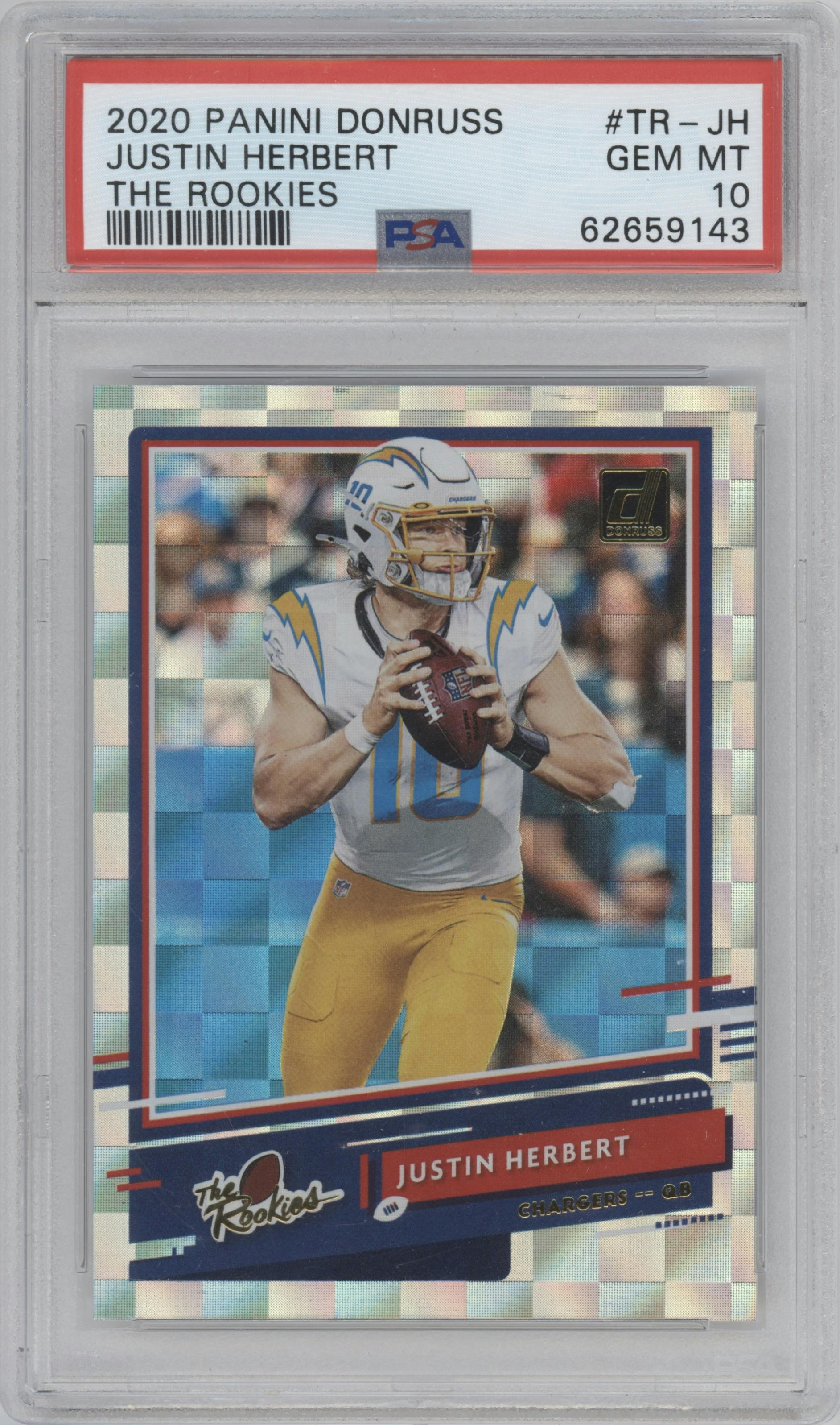 Justin Herbert from the 2020 Panini Donruss set graded by PSA and given an overall grade of 10.