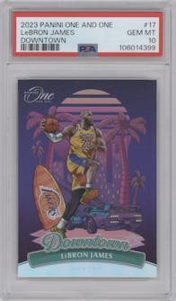 LeBron James from the 2023-24 Panini One and One set graded by PSA and given an overall grade of 10.