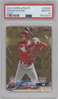 Shohei Ohtani from the 2018 Topps Update set featuring a Gold parallel graded by PSA and given an overall grade of 10.
