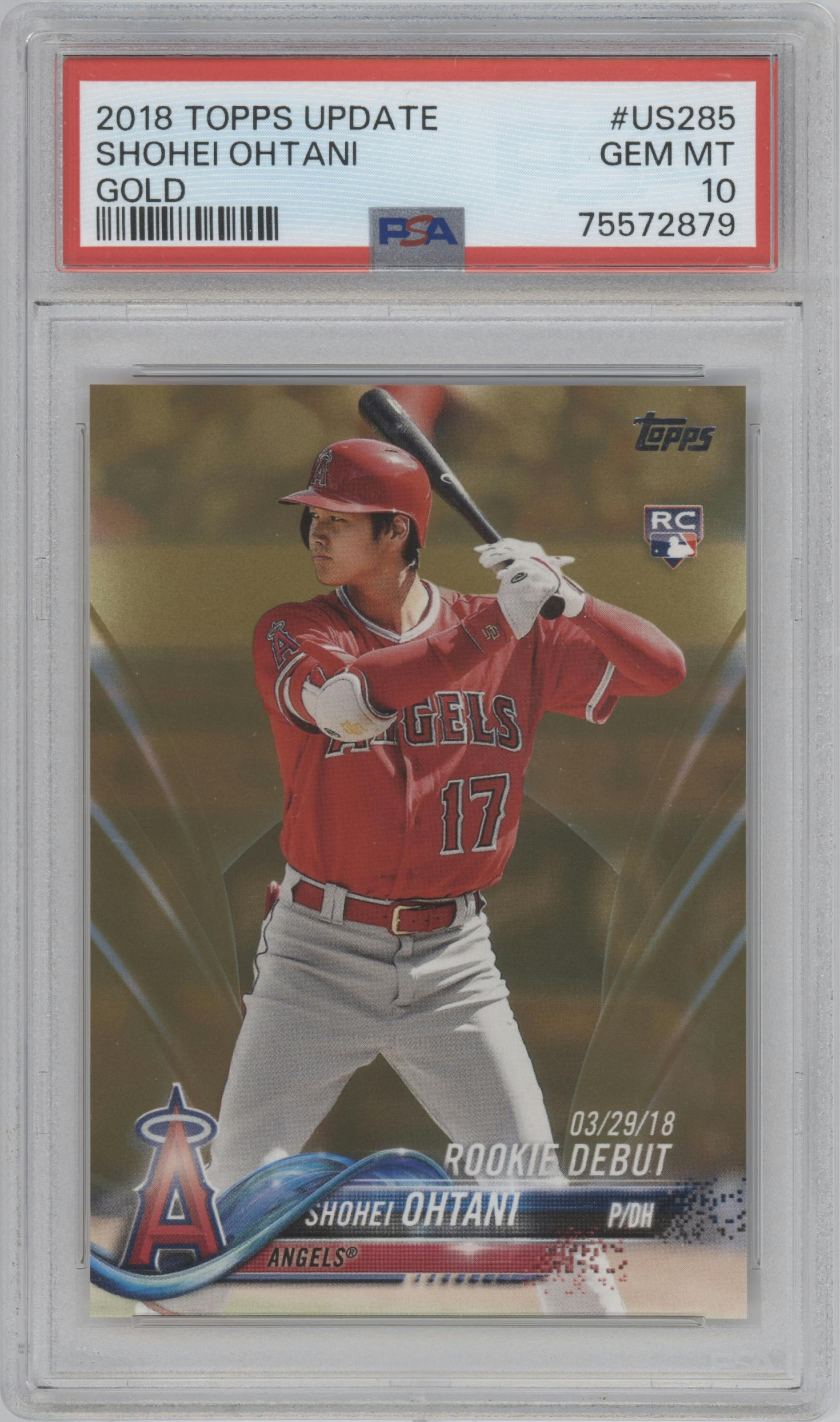 Shohei Ohtani from the 2018 Topps Update set featuring a Gold parallel graded by PSA and given an overall grade of 10.
