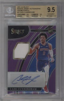 Cade Cunningham from the 2021-22 Panini Select set featuring a Purple Prizm parallel graded by Beckett and given an overall grade of 9.5.