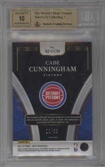 Cade Cunningham from the 2021-22 Panini Select set featuring a Purple Prizm parallel graded by Beckett and given an overall grade of 9.5.