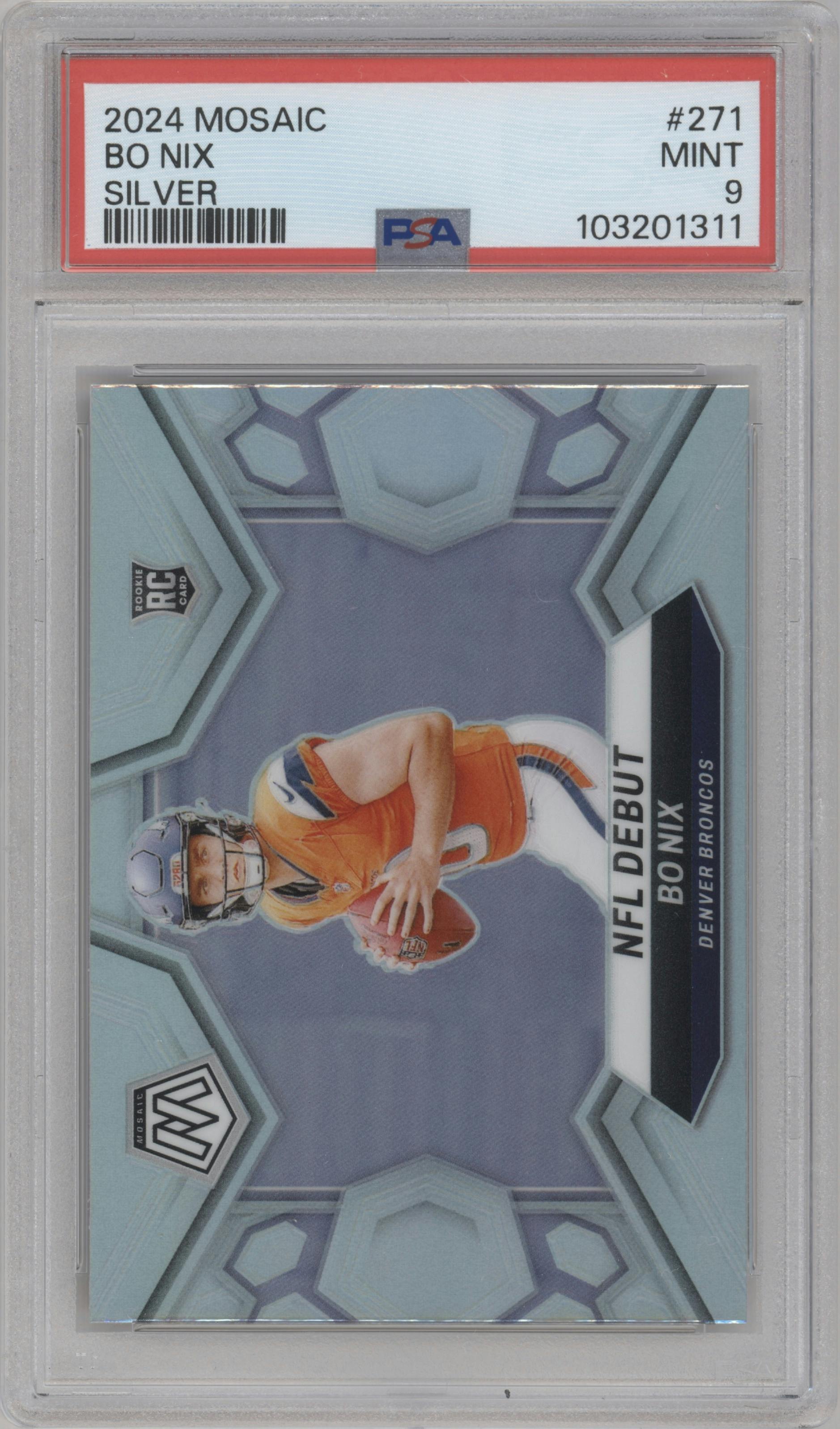 Bo Nix from the 2024 Panini Mosaic set featuring a Silver parallel graded by PSA and given an overall grade of 9.