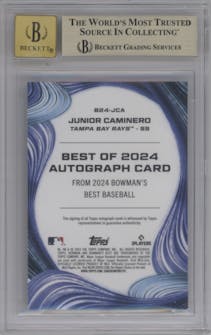 Junior Caminero from the 2024 Bowman's Best set featuring a Teal Refractor parallel graded by Beckett and given an overall grade of 10.