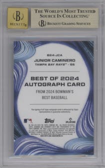 Junior Caminero from the 2024 Bowman's Best set featuring a Teal Refractor parallel graded by Beckett and given an overall grade of 10.