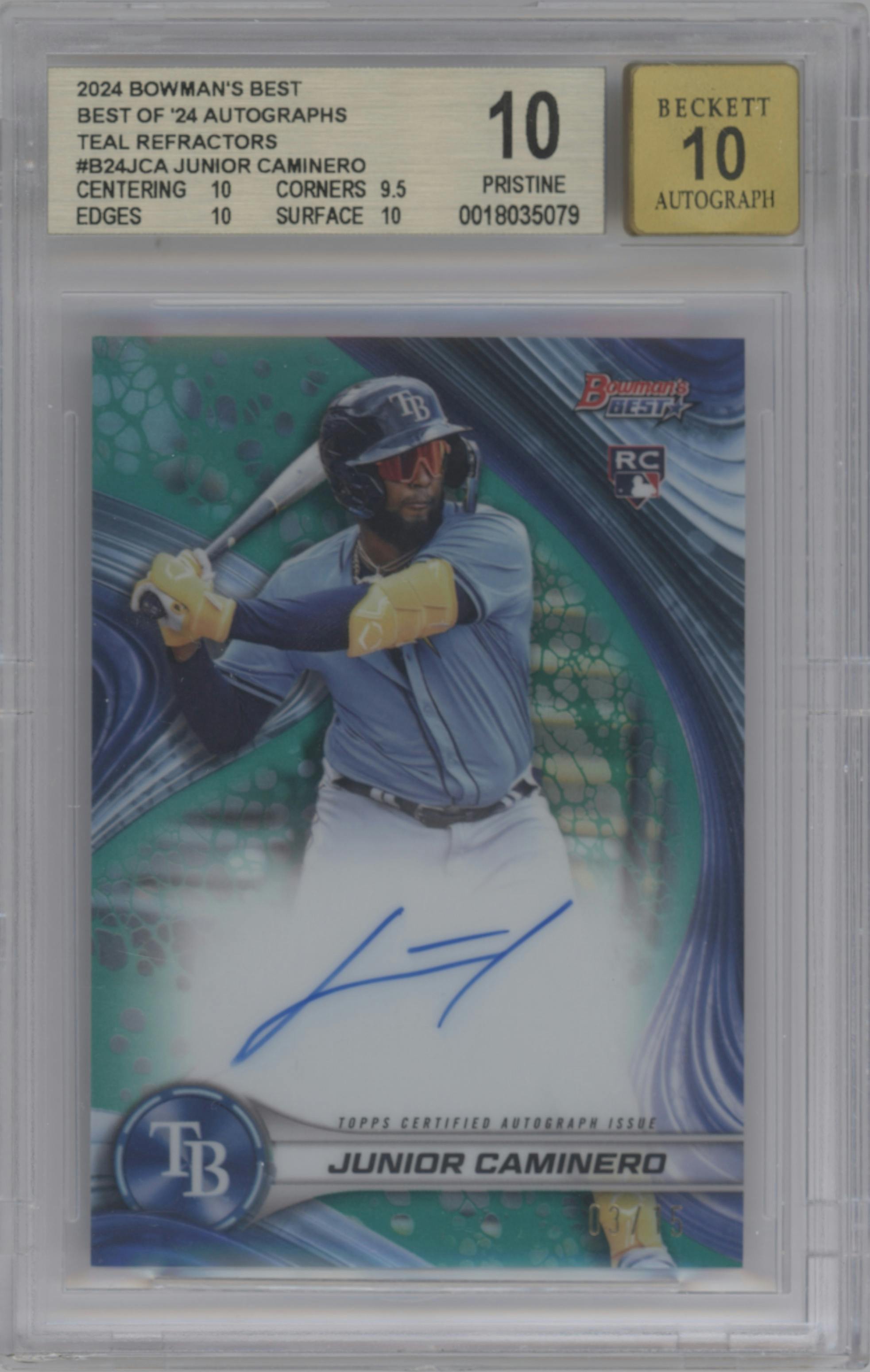 Junior Caminero from the 2024 Bowman's Best set featuring a Teal Refractor parallel graded by Beckett and given an overall grade of 10.