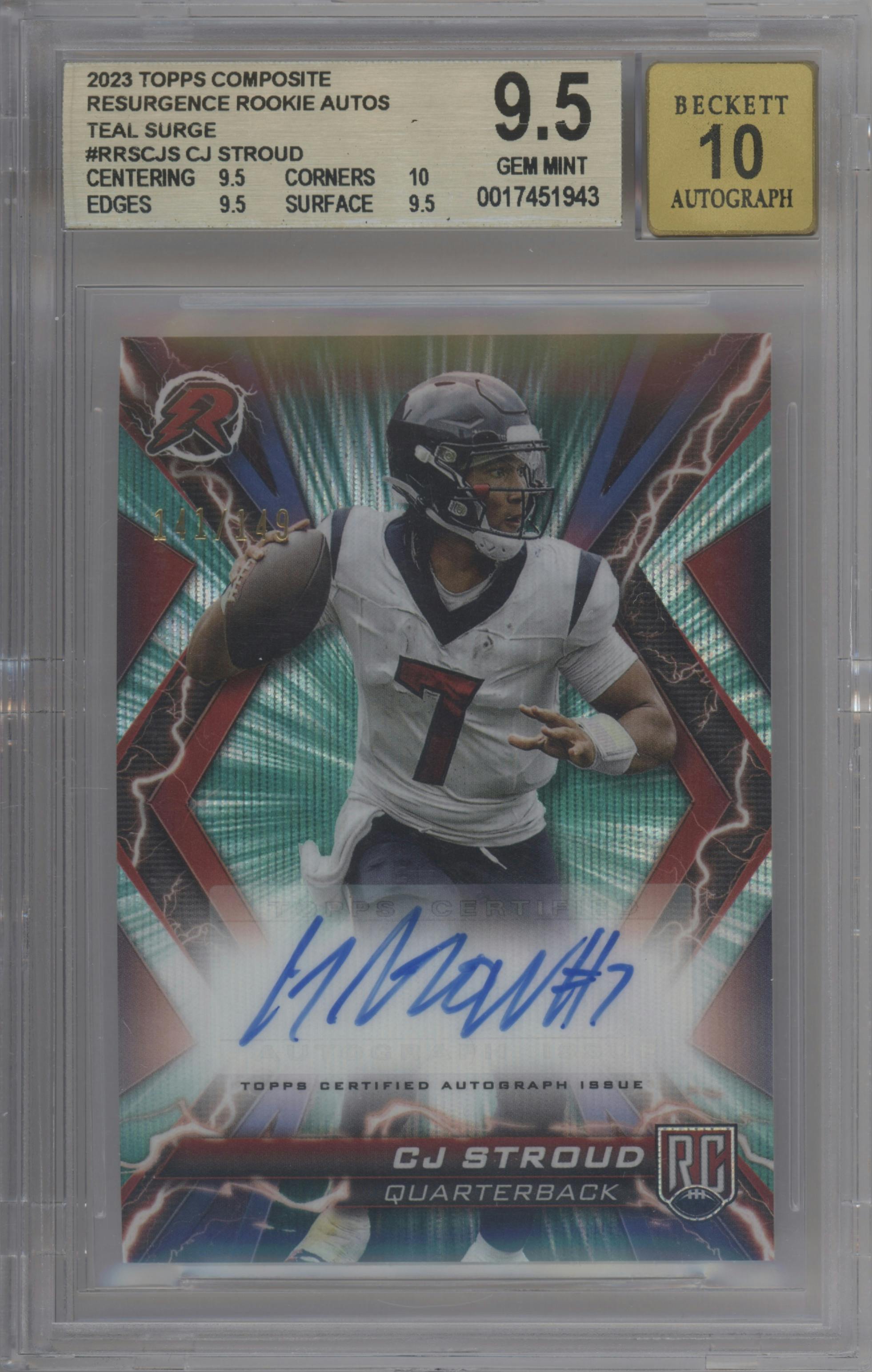 C.J. Stroud from the 2023 Topps Composite set featuring a Teal Surge parallel graded by Beckett and given an overall grade of 9.5.