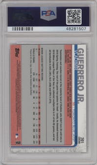 Vladimir Guerrero Jr. from the 2019 Topps Chrome set featuring a Refractor parallel graded by PSA and given an overall grade of 10.