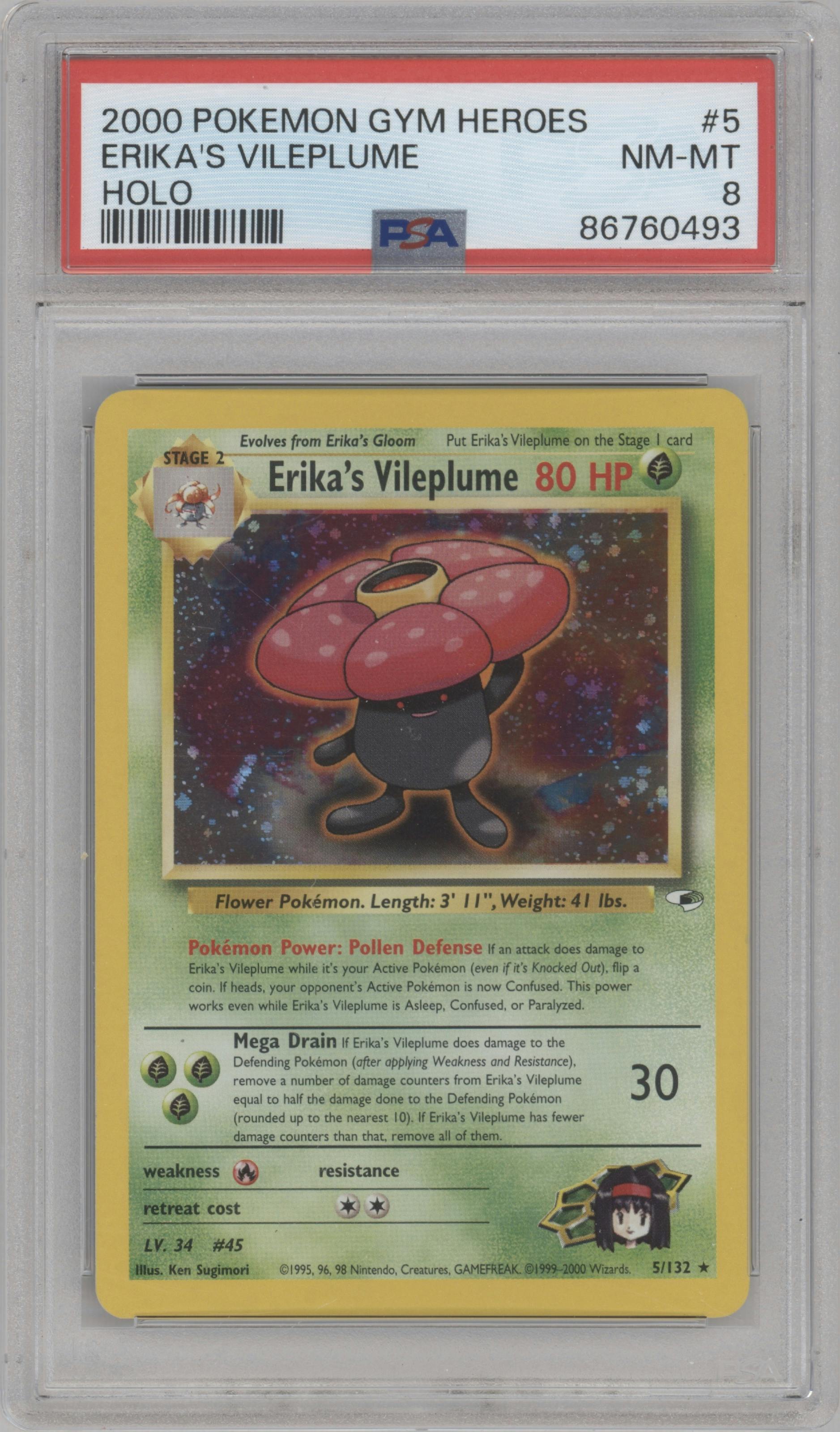 Erika's Vileplume from the 2000 Pokemon GH set graded by PSA and given an overall grade of 8.
