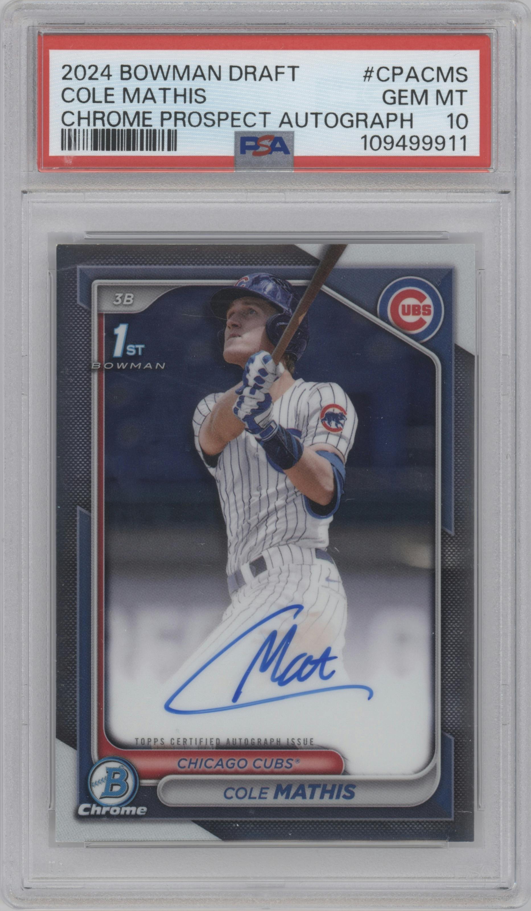 Cole Mathis from the 2024 Bowman Draft set graded by PSA and given an overall grade of 10.