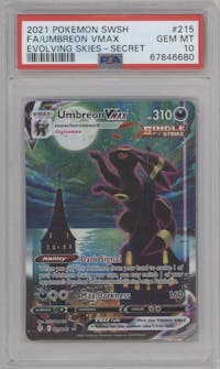 Umbreon VMAX from the 2021 Pokemon SWSH set graded by PSA and given an overall grade of 10.