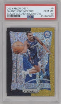 De’Anthony Melton from the 2023-24 Panini Prizm Deca set featuring a FOTL Black Gold Shimmer Prizm  parallel graded by PSA and given an overall grade of 10.