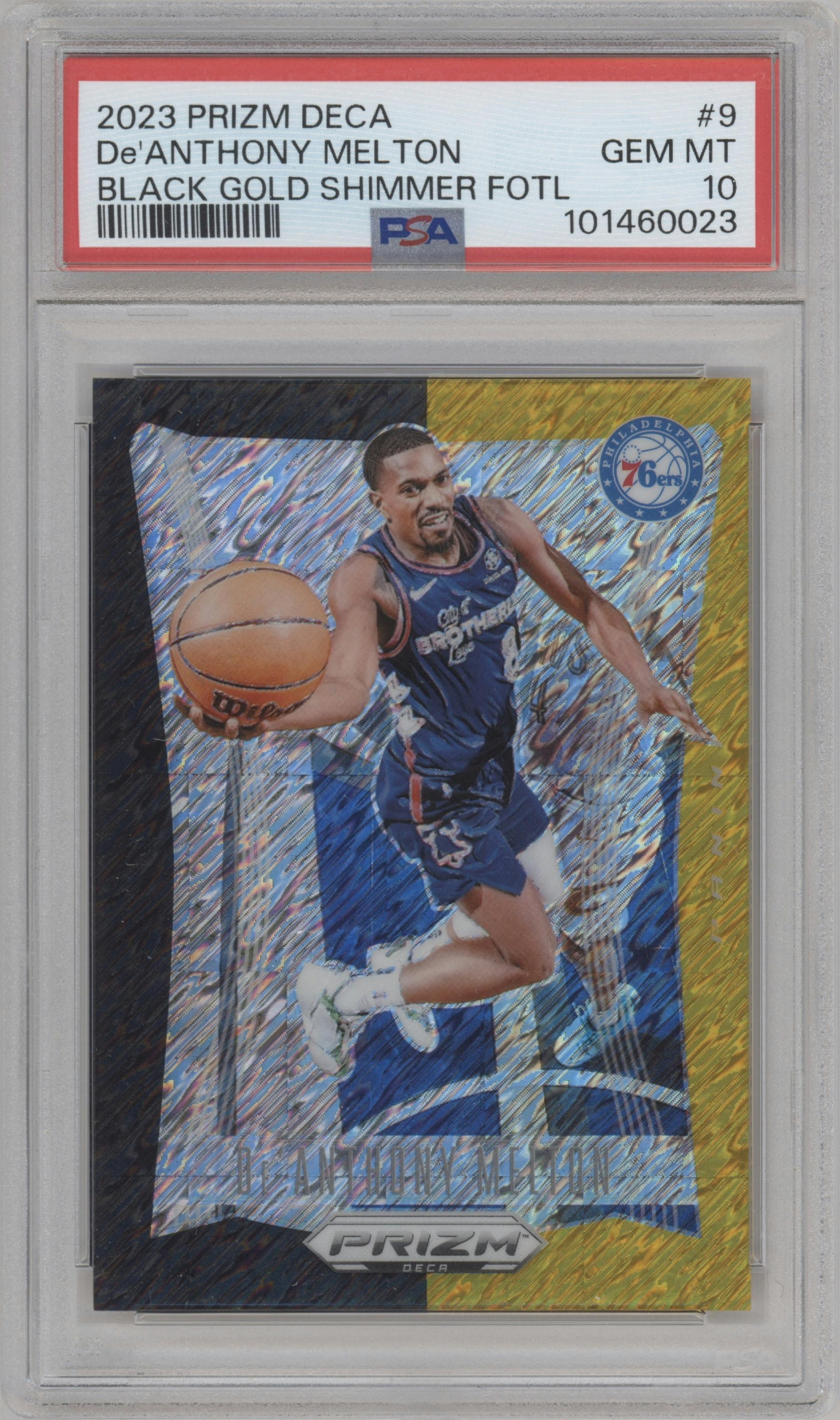 De’Anthony Melton from the 2023-24 Panini Prizm Deca set featuring a FOTL Black Gold Shimmer Prizm  parallel graded by PSA and given an overall grade of 10.