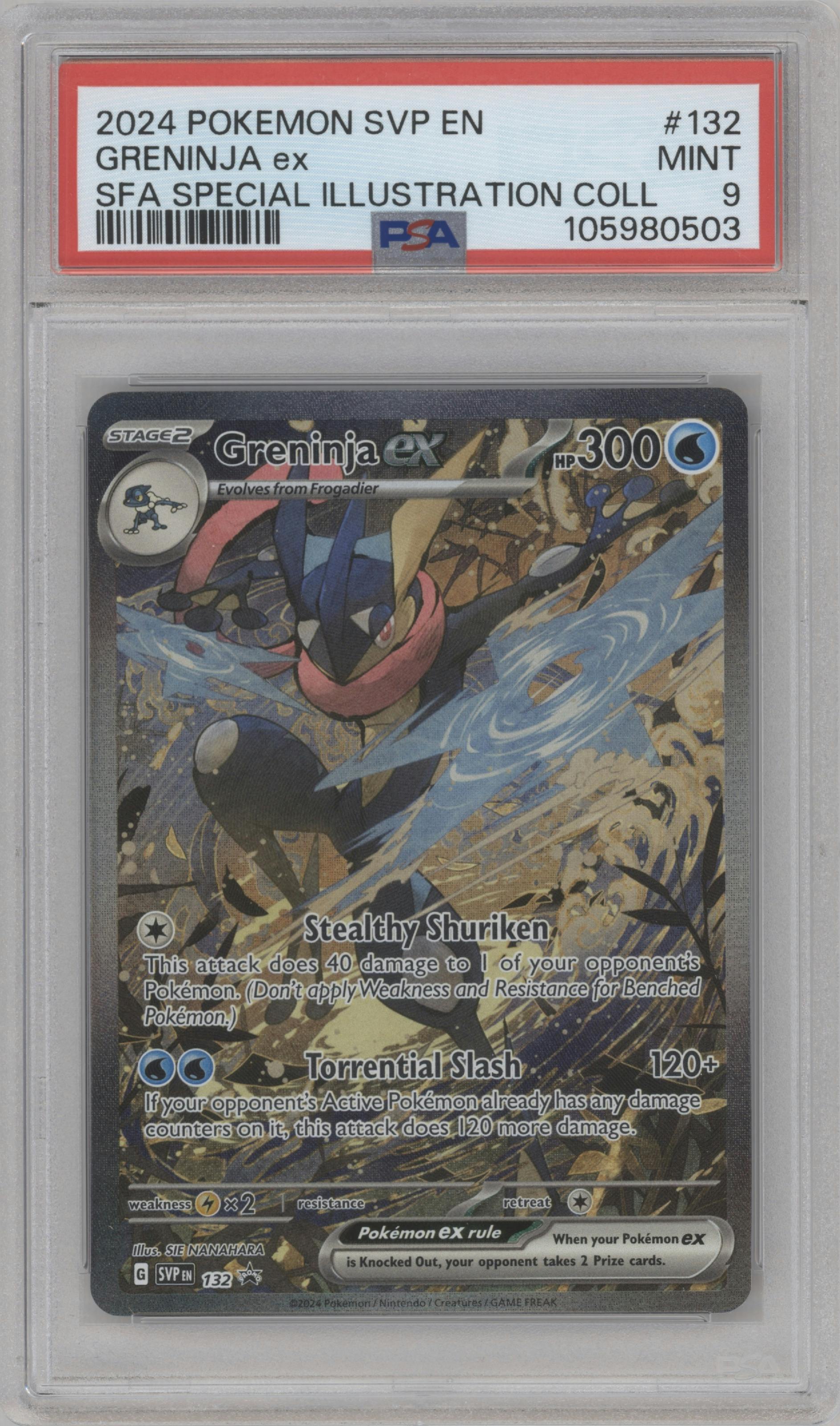 Greninja ex from the 2024 Pokemon SV set featuring a Shrouded Fable Greninja ex Special Illustration Collection parallel graded by PSA and given an overall grade of 9.