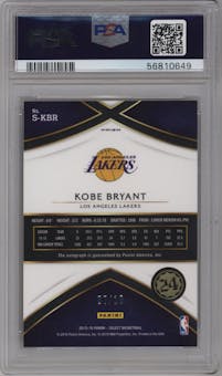 Kobe Bryant from the 2015-16 Panini Select  set featuring a Gold Prizm parallel graded by PSA and given an overall grade of 9.