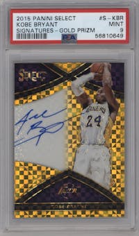 Kobe Bryant from the 2015-16 Panini Select  set featuring a Gold Prizm parallel graded by PSA and given an overall grade of 9.