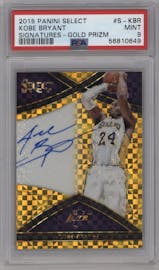 Kobe Bryant from the 2015-16 Panini Select set featuring a Gold Prizm parallel graded by PSA and given an overall grade of 9.