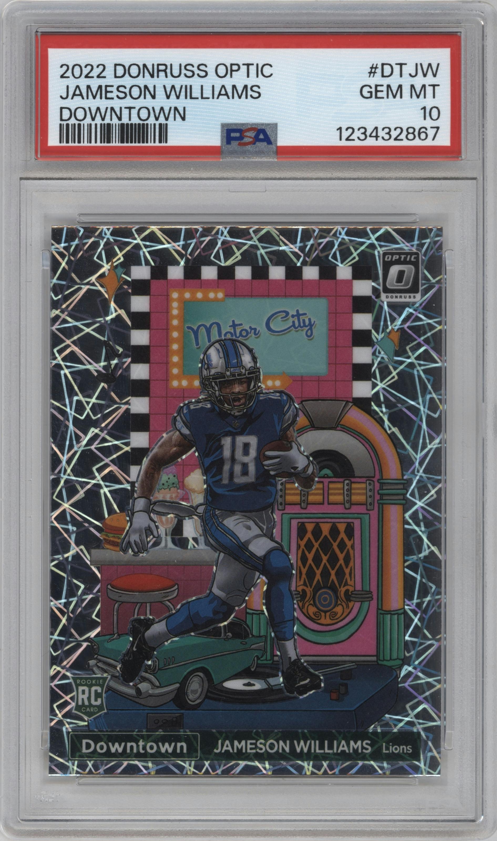 Jameson Williams from the 2022 Panini Donruss Optic set graded by PSA and given an overall grade of 10.