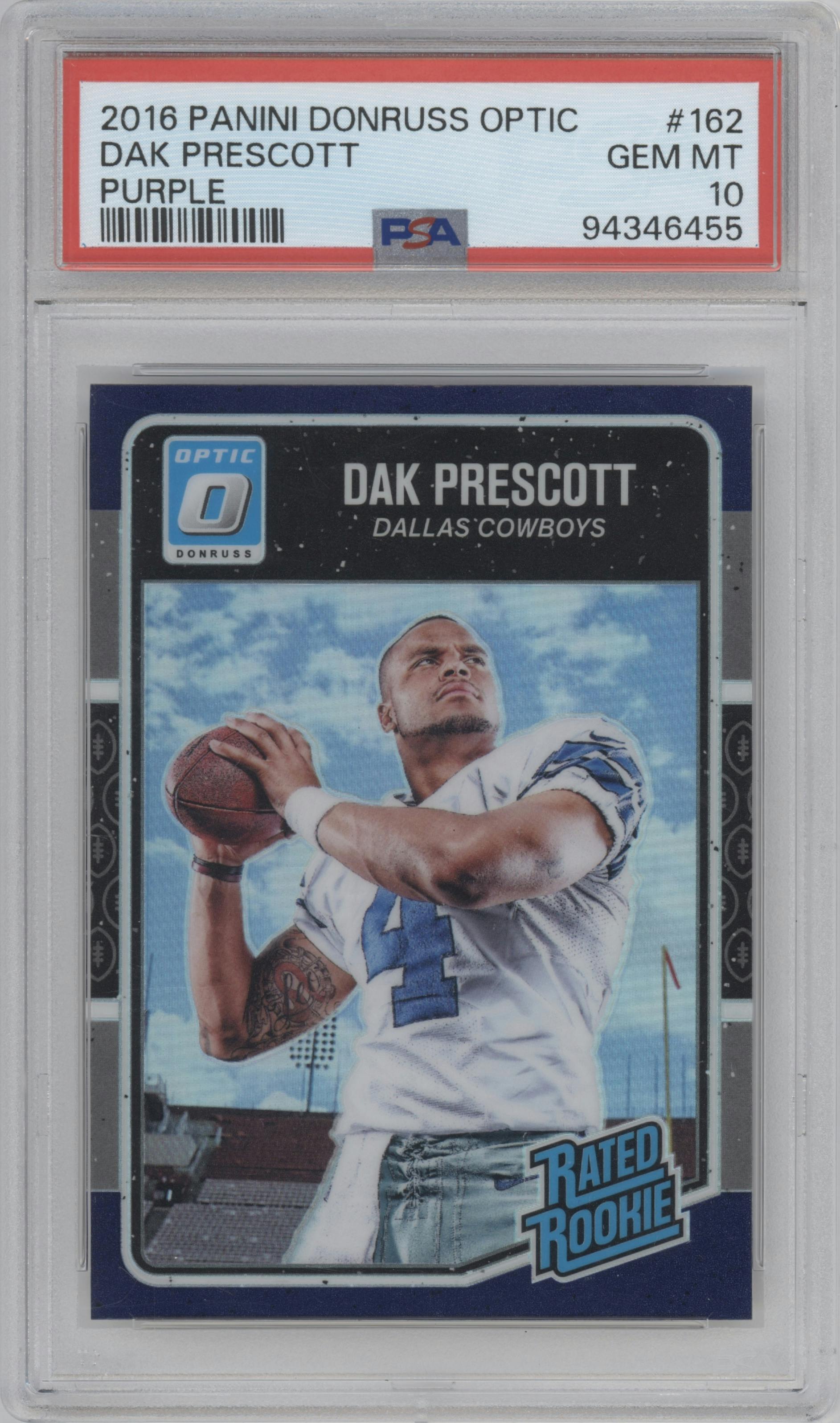 Dak Prescott from the 2016 Panini Donruss Optic set featuring a Purple parallel graded by PSA and given an overall grade of 10.